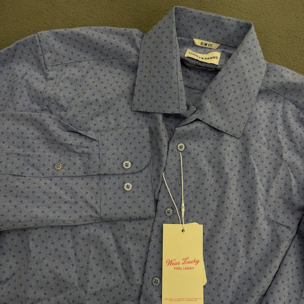 Lucky Brand Chambray Long Sleeve Button Up Shirt Mens M 15-15 1/2 Blue Geometric